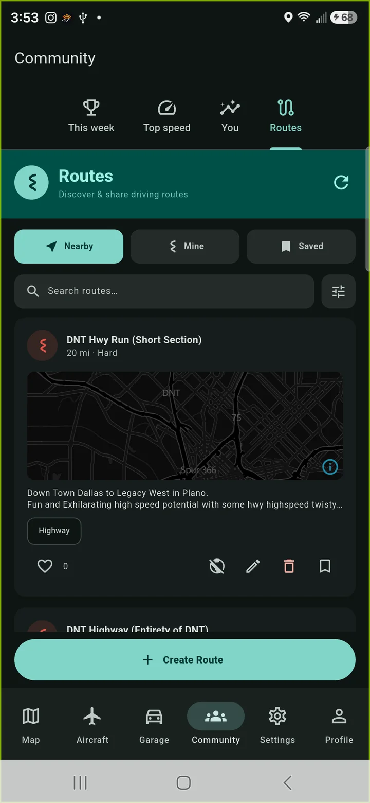 Routes tab with nearby, mine and saved routes and a route card with map preview