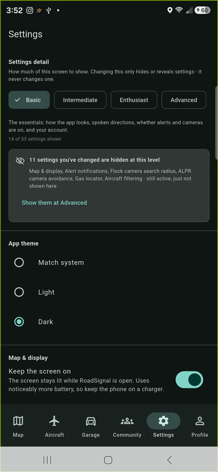 Settings screen at the Basic level with a notice about hidden-but-active settings